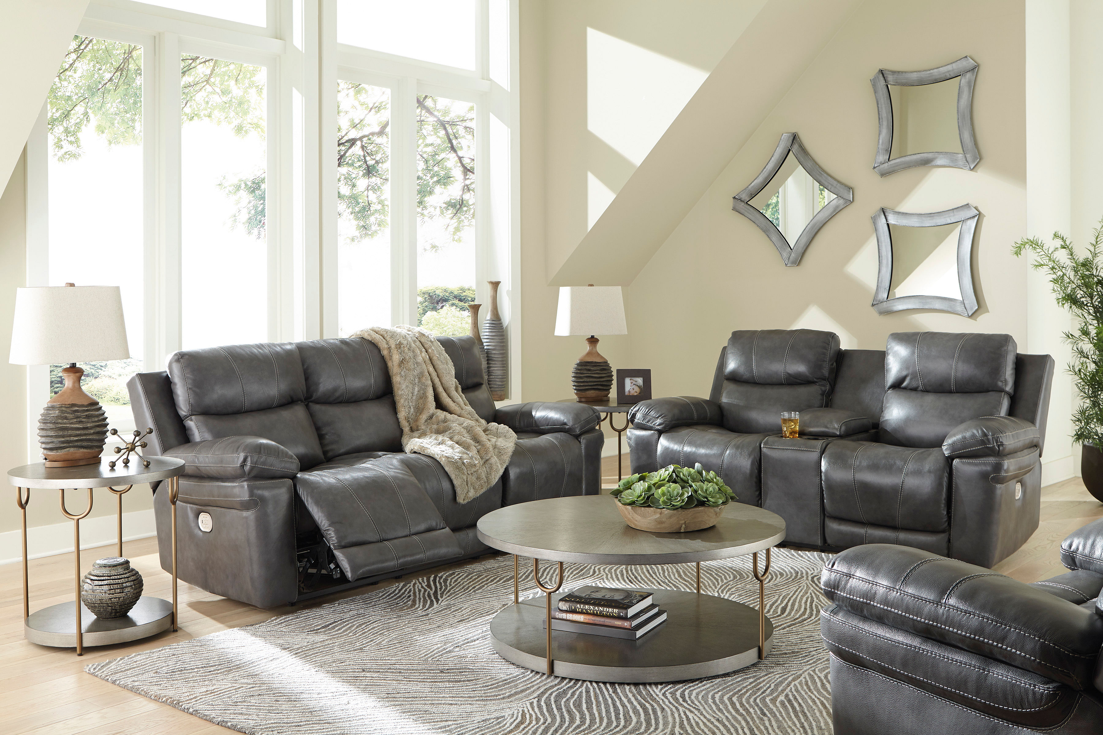 Edmar Power Reclining Sofa and Loveseat in Grey Leather